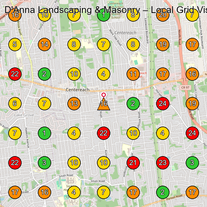 D'Anna Landscaping & Masonry Landscaper GeoGrid ranking map for Centereach NY