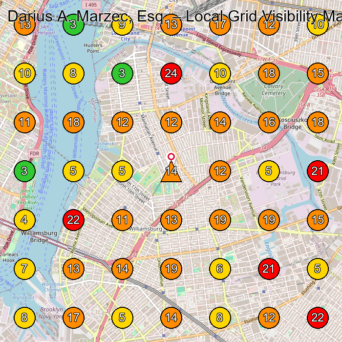 Darius A. Marzec, Esq. Lawyer GeoGrid ranking map for Brooklyn NY