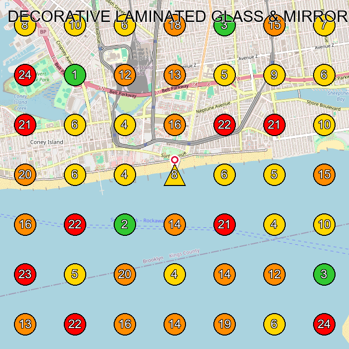 DECORATIVE LAMINATED GLASS & MIRROR Manufacturer GeoGrid ranking map for Brooklyn NY