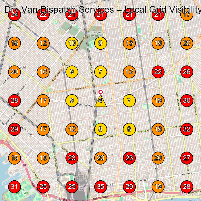 Dry Van Dispatch Services GeoGrid visibility map for Manufacturer in Brooklyn