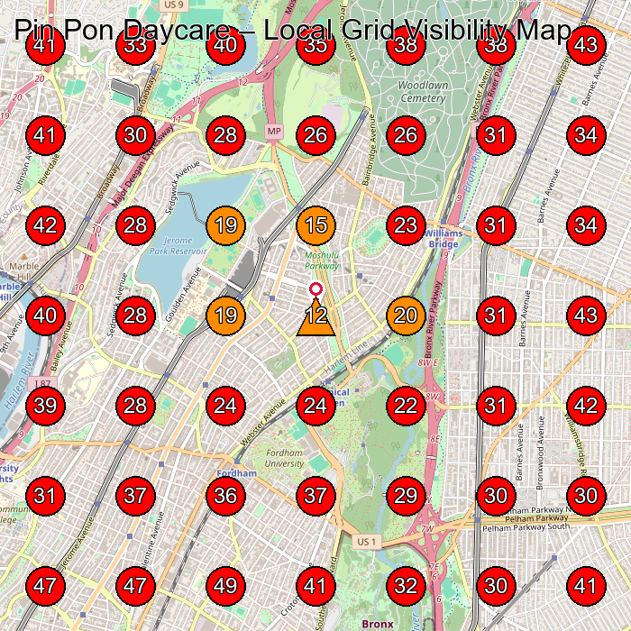Pin Pon Daycare GeoGrid visibility map for Day Care Center in Bronx