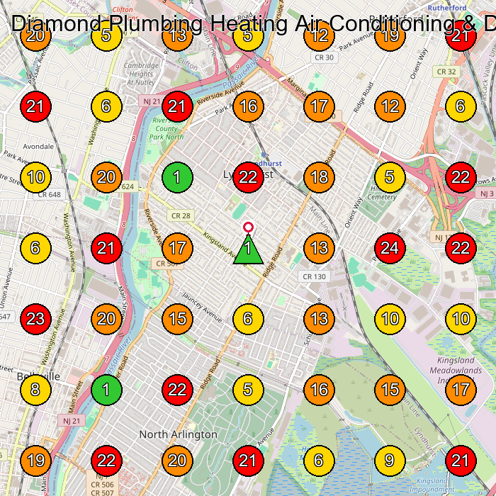Diamond Plumbing Heating Air Conditioning & Drain Cleaning Rooter Plumber GeoGrid ranking map for Lyndhurst NJ