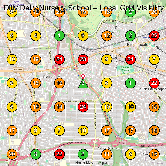 Dilly Dally Nursery School Preschool GeoGrid ranking map for Farmingdale NY