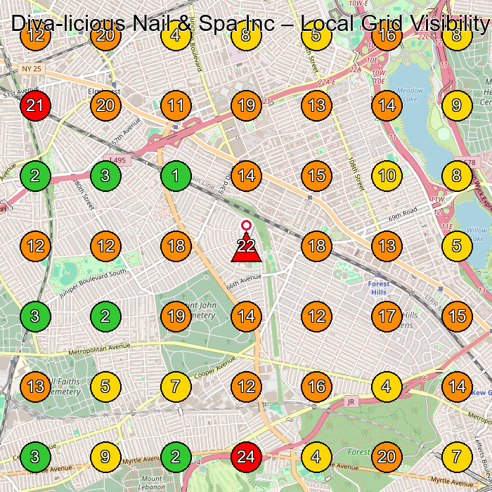 Diva-licious Nail & Spa Inc Spa GeoGrid ranking map for Forest Hills NY