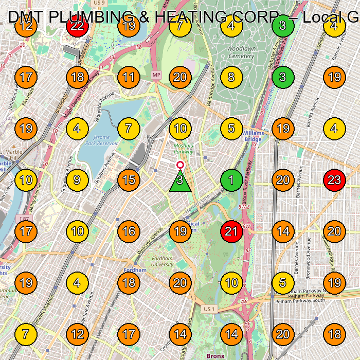 DMT PLUMBING & HEATING CORP. Plumber GeoGrid ranking map for Bronx NY