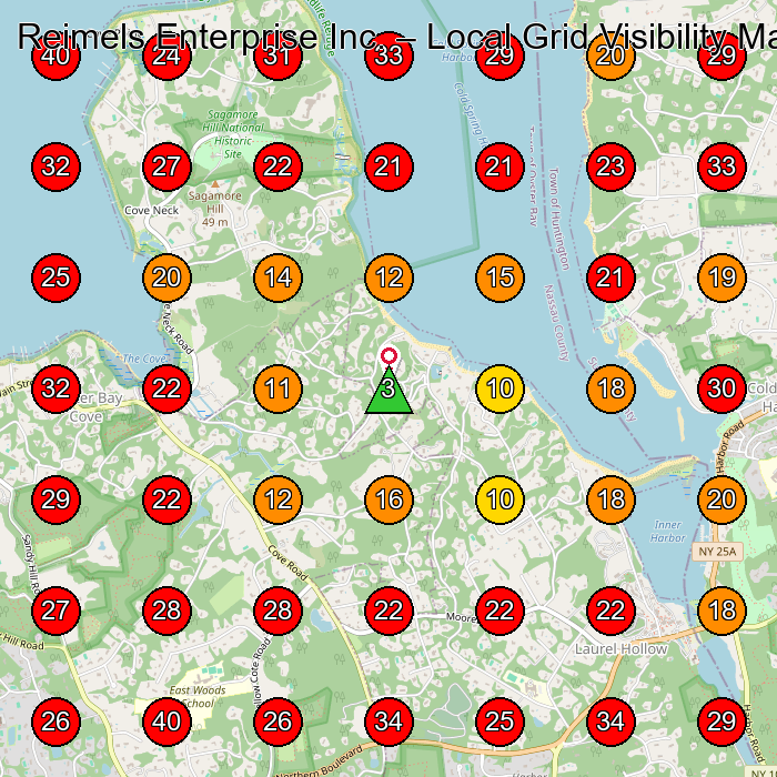 Reimels Enterprise Inc. GeoGrid visibility map for Landscaper in Oyster Bay