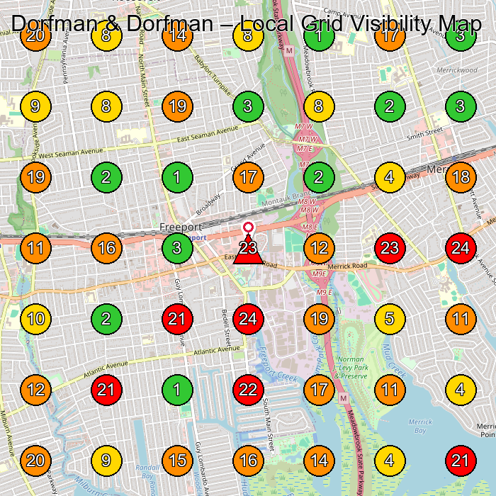 Dorfman & Dorfman Lawyer GeoGrid ranking map for Freeport NY