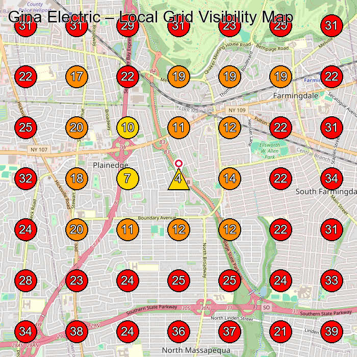 Gina Electric GeoGrid visibility map for Electrician in Farmingdale