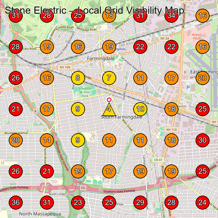 Stone Electric GeoGrid visibility map for Electrician in Farmingdale