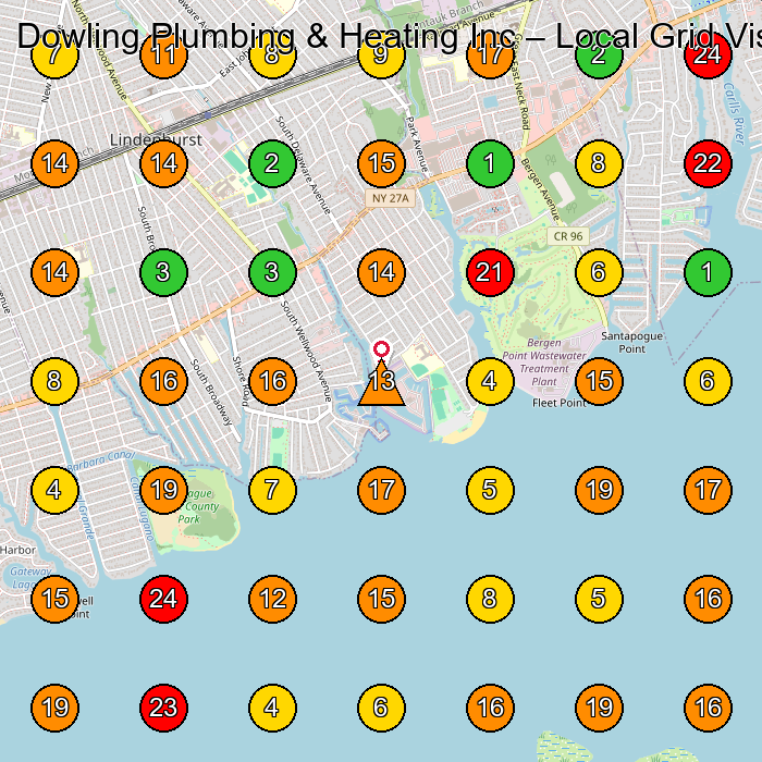 Dowling Plumbing & Heating Inc Plumber GeoGrid ranking map for Lindenhurst NY