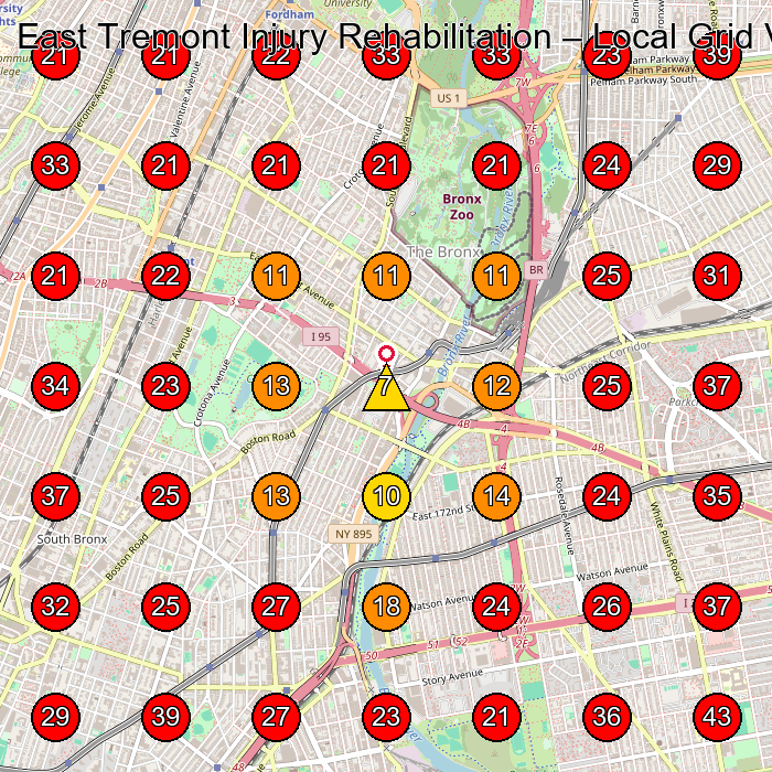 East Tremont Injury Rehabilitation GeoGrid visibility map for Physical Therapist in 1163 Manor Ave 2nd Floor