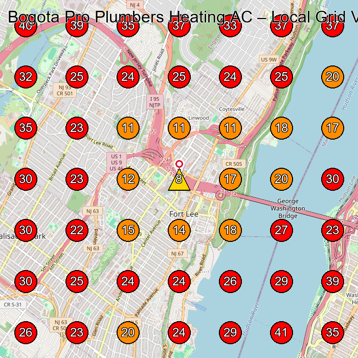Bogota Pro Plumbers Heating AC GeoGrid visibility map for Plumber in Fort Lee