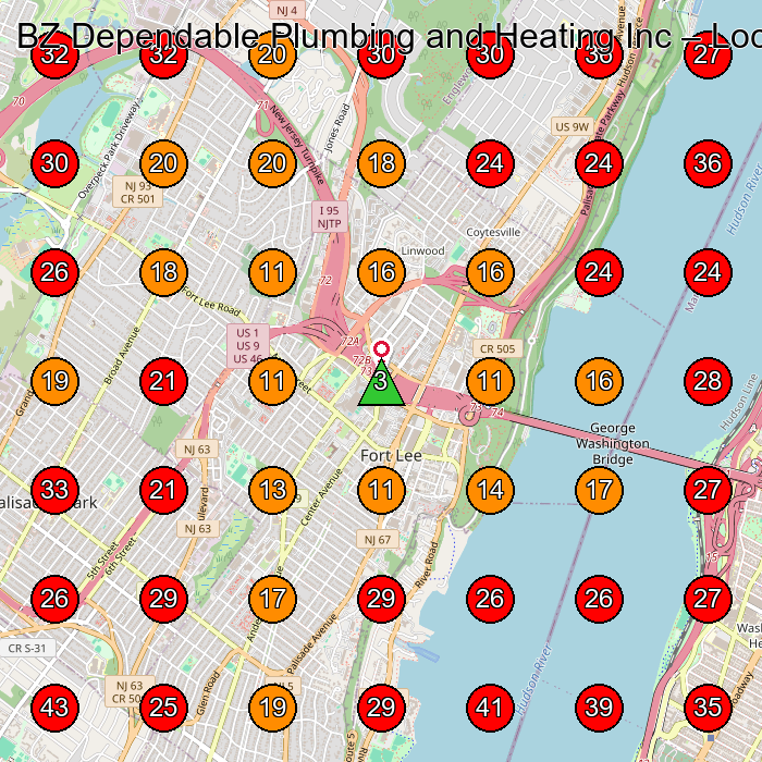 BZ Dependable Plumbing and Heating Inc GeoGrid visibility map for Plumber in Fort Lee