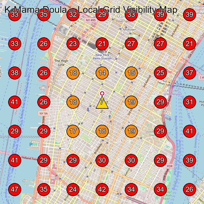 K-Mama Doula GeoGrid visibility map for Home Health Care Service in New York