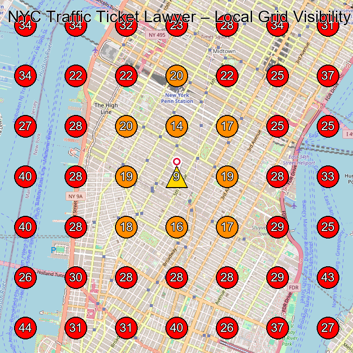 NYC Traffic Ticket Lawyer GeoGrid visibility map for Lawyer in Hoboken
