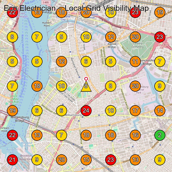 Eco Electrician Electrician GeoGrid ranking map for Brooklyn NY