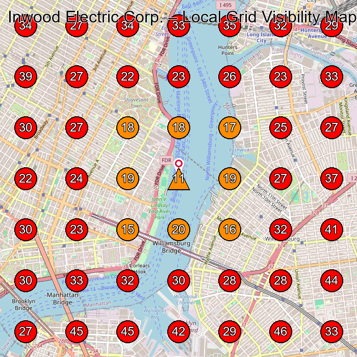 Inwood Electric Corp. GeoGrid visibility map for Electrician in Brooklyn