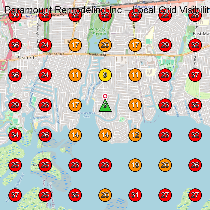 Paramount Remodeling Inc GeoGrid visibility map for Home Builder in Massapequa