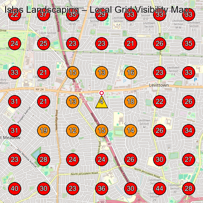 Islas Landscaping GeoGrid visibility map for Landscaper in Levittown