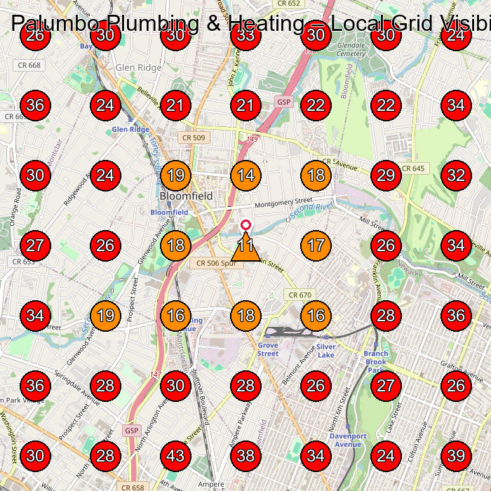 Palumbo Plumbing & Heating GeoGrid visibility map for Hvac Contractor in Bloomfield