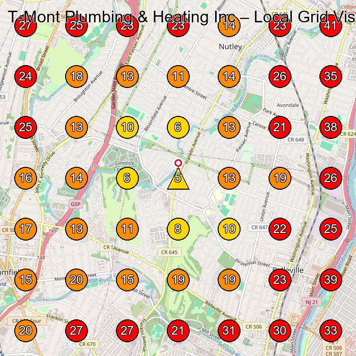 T-Mont Plumbing & Heating Inc GeoGrid visibility map for Hvac Contractor in Bloomfield
