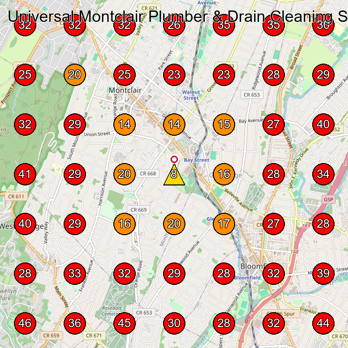 Universal Montclair Plumber & Drain Cleaning Services GeoGrid visibility map for Hvac Contractor in Bloomfield