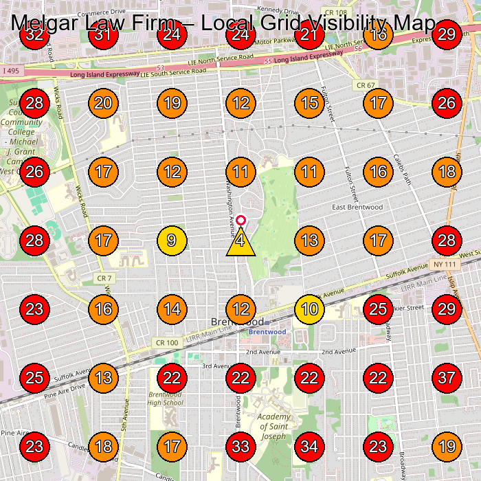 Melgar Law Firm GeoGrid visibility map for Legal Services in Melville