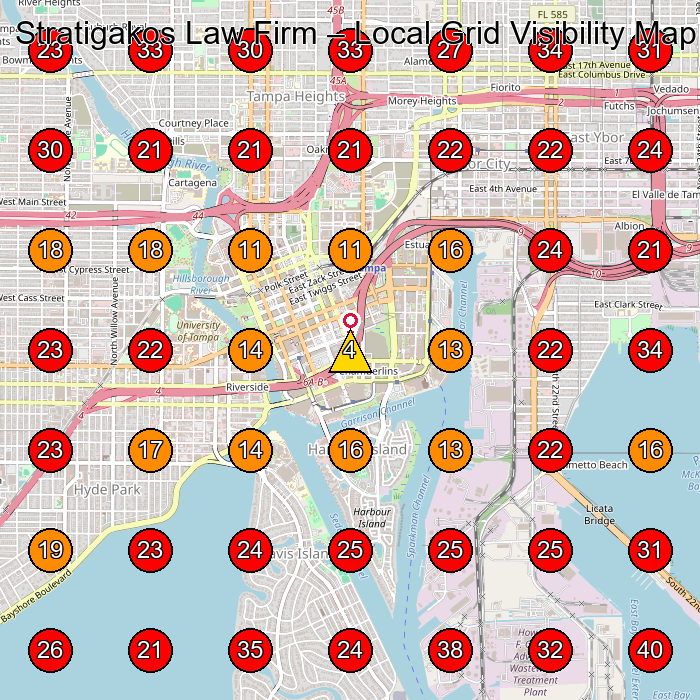 Stratigakos Law Firm GeoGrid visibility map for Personal Injury Attorney in Tampa