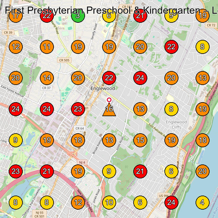 First Presbyterian Preschool & Kindergarten Preschool GeoGrid ranking map for Englewood NJ