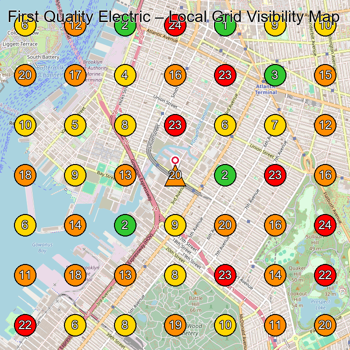 First Quality Electric Electrician GeoGrid ranking map for Brooklyn NY