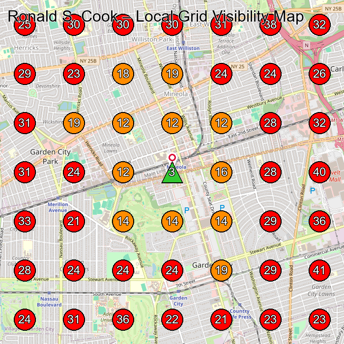 Ronald S. Cook GeoGrid visibility map for Lawyer in Garden City