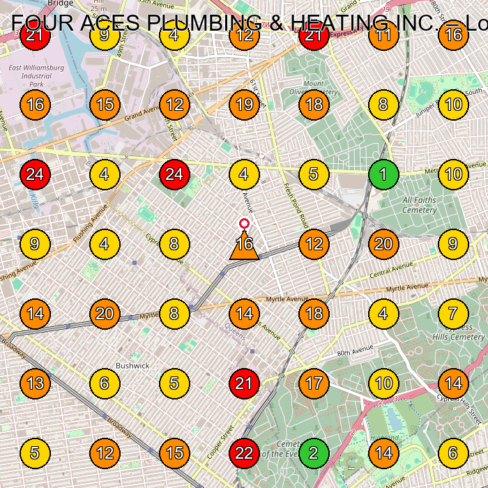 FOUR ACES PLUMBING & HEATING INC. Plumber GeoGrid ranking map for Ridgewood NY