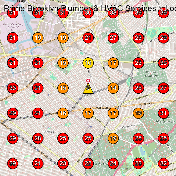 Prime Brooklyn Plumber & HVAC Services GeoGrid visibility map for Plumber in Ridgewood