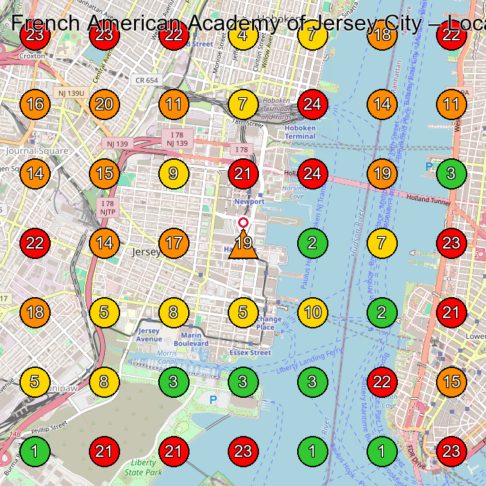 French American Academy of Jersey City Preschool GeoGrid ranking map for Jersey City NJ