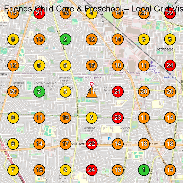 Friends Child Care & Preschool Preschool GeoGrid ranking map for Levittown NY