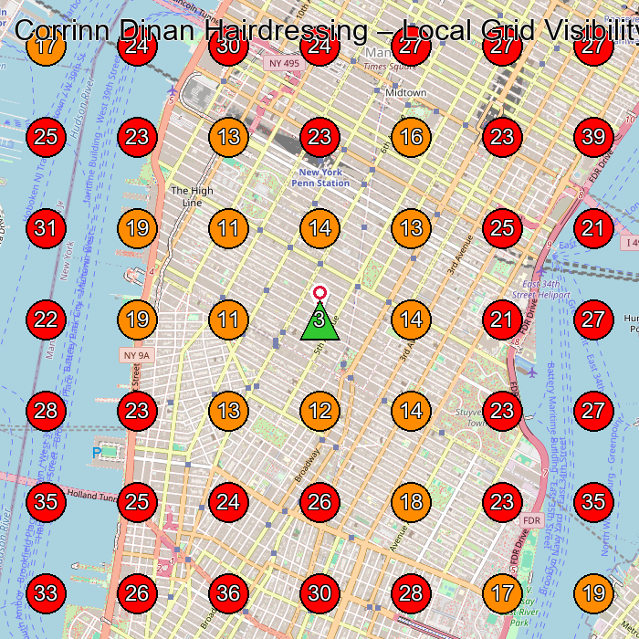 Corrinn Dinan Hairdressing GeoGrid visibility map for Hairdresser in 119 W 23rd St
