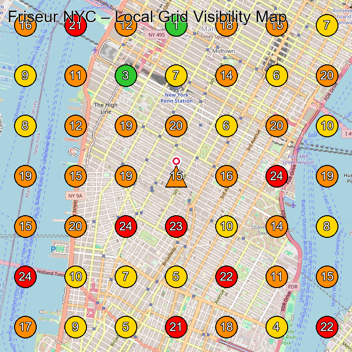 Friseur NYC Hairdresser GeoGrid ranking map for 119 W 23rd St New