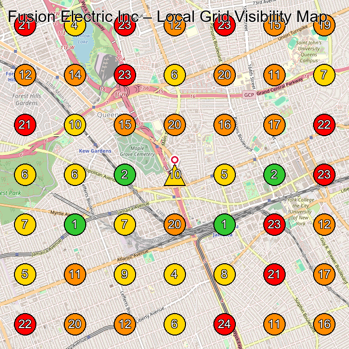 Fusion Electric Inc Electrician GeoGrid ranking map for Jamaica NY