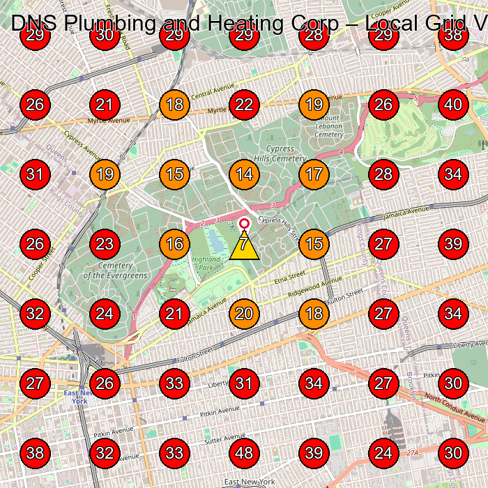 DNS Plumbing and Heating Corp GeoGrid visibility map for Plumber in Brooklyn