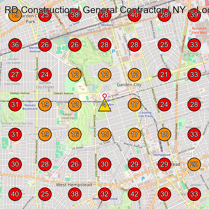 RD Construction | General Contractor | NY GeoGrid visibility map for General Contractor in Garden City