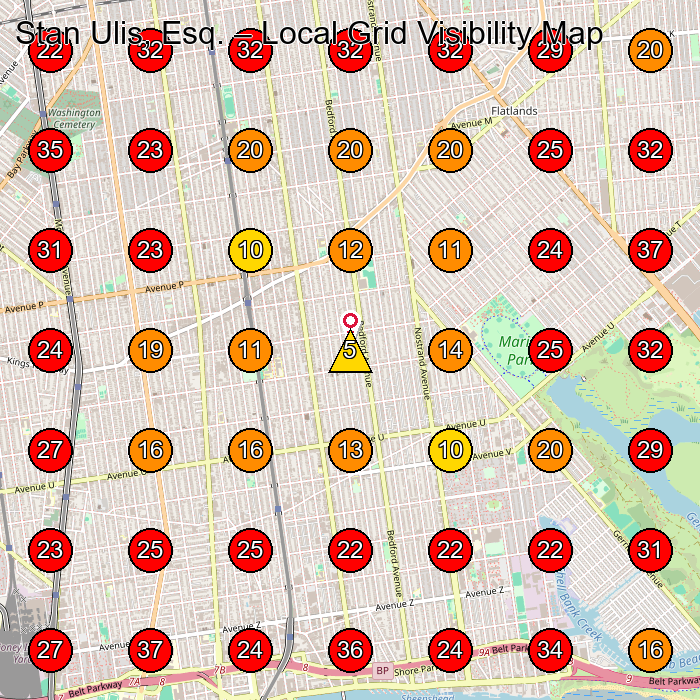 Stan Ulis, Esq. GeoGrid visibility map for Personal Injury Attorney in Brooklyn