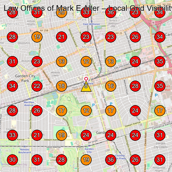 Law Offices of Mark E Alter GeoGrid visibility map for Lawyer in New Hyde Park