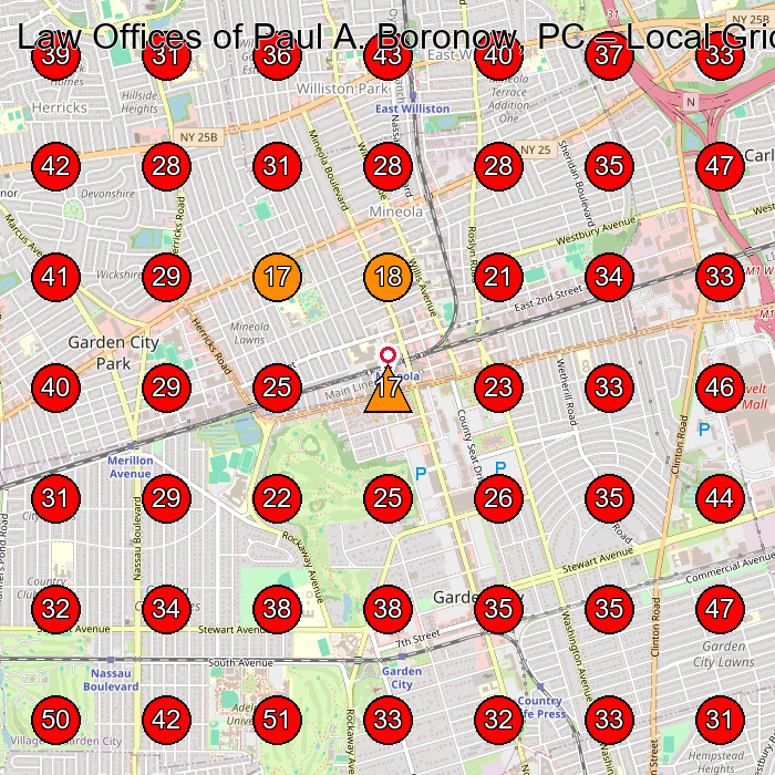 Law Offices of Paul A. Boronow, PC GeoGrid visibility map for Lawyer in New Hyde Park