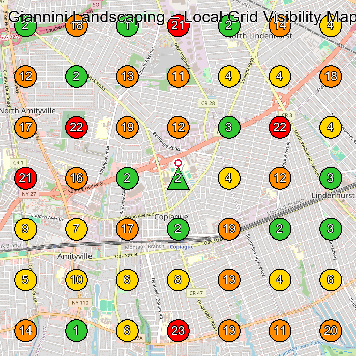 Giannini Landscaping Landscaper GeoGrid ranking map for Lindenhurst NY