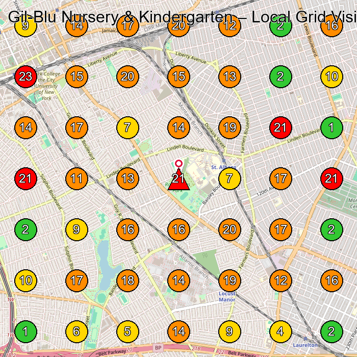 Gil-Blu Nursery & Kindergarten Kindergarten GeoGrid ranking map for Jamaica NY