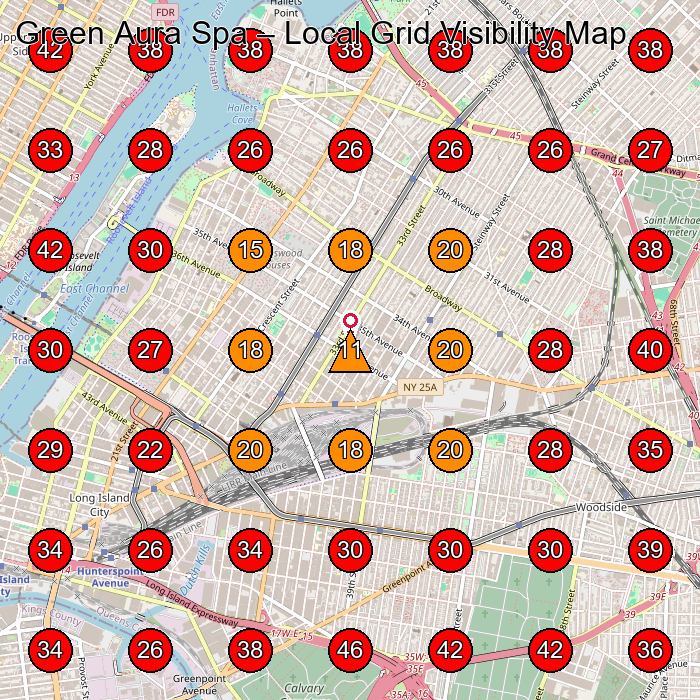 Green Aura Spa GeoGrid visibility map for Publisher in Queens