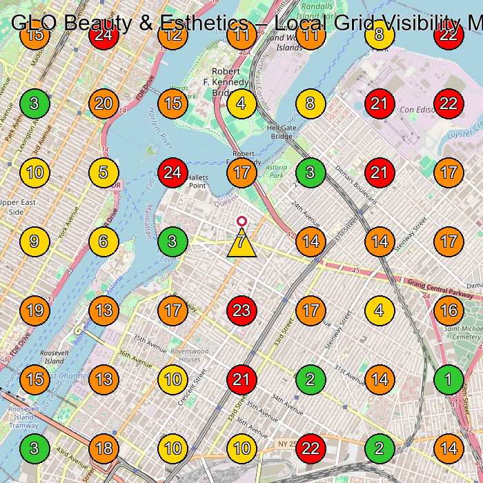 GLO Beauty & Esthetics Spa GeoGrid ranking map for Queens NY