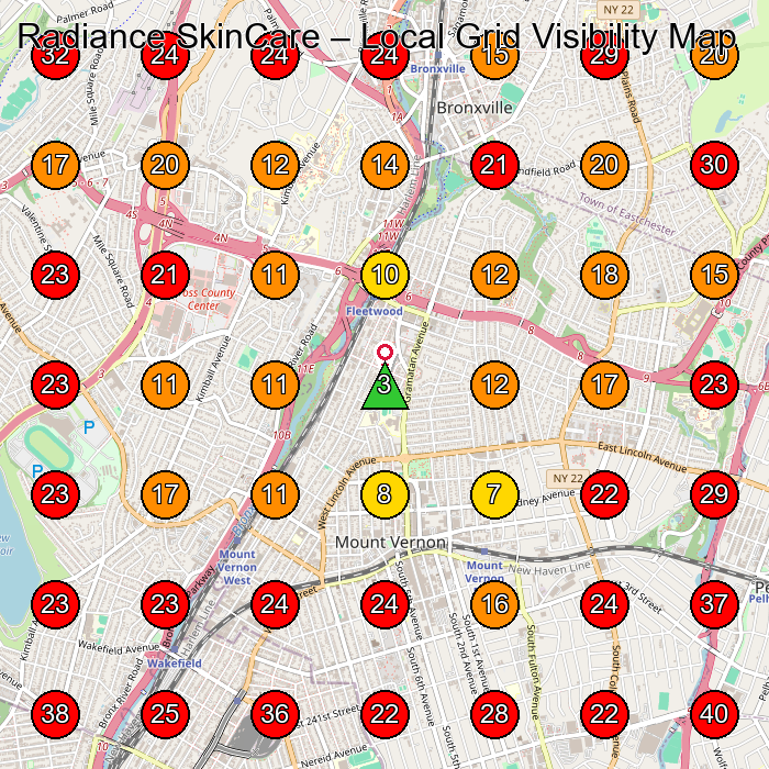 Radiance SkinCare GeoGrid visibility map for Skin Care Clinic in Mt Vernon