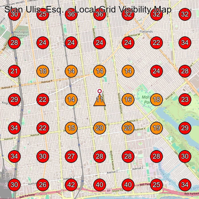 Stan Ulis, Esq. GeoGrid visibility map for Personal Injury Attorney in Brooklyn