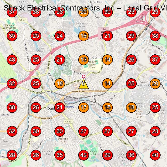 Shock Electrical Contractors, Inc GeoGrid visibility map for Electrician in Danbury